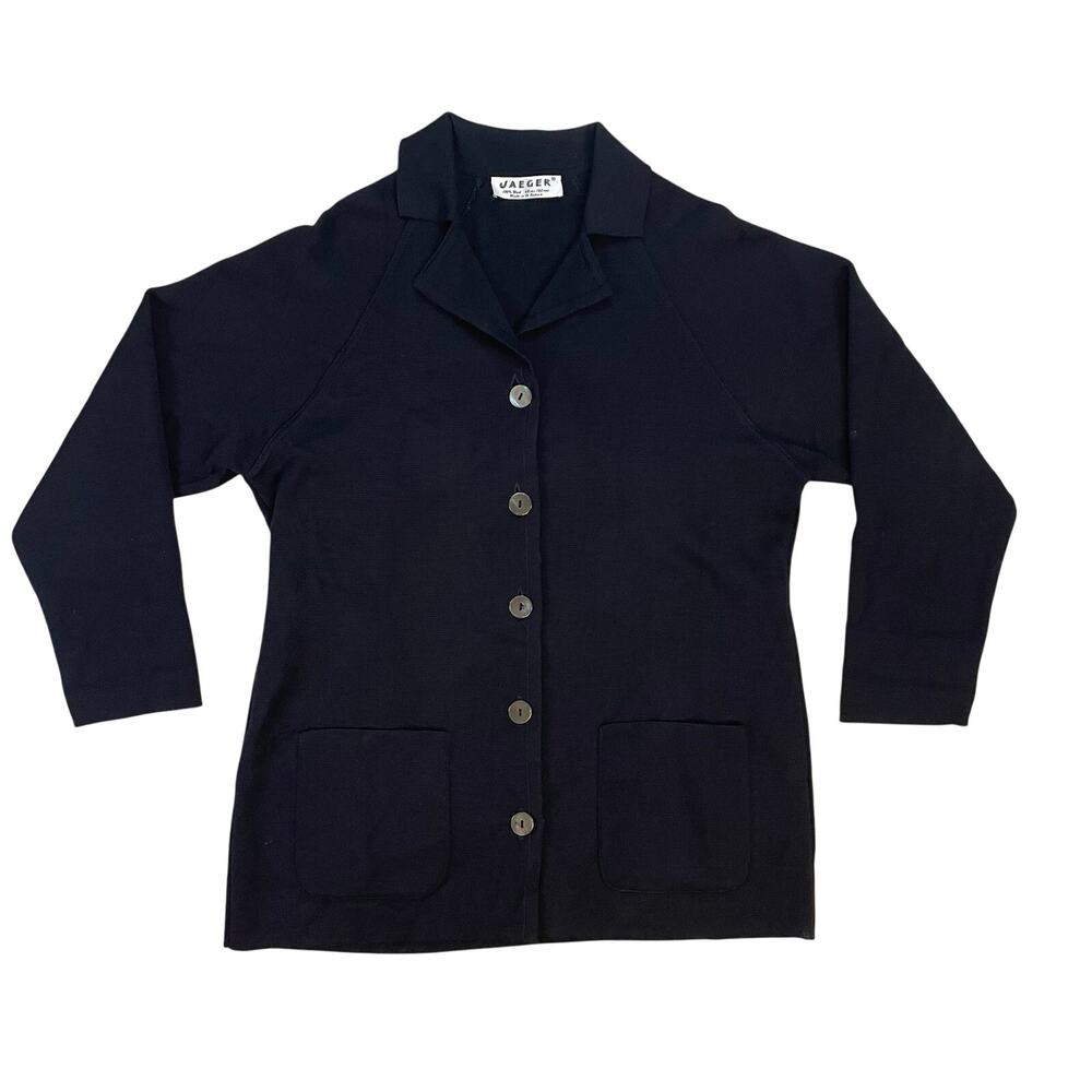 Vintage Jaeger 100% Wool Cardigan Womens Black Button Front Made in Britain